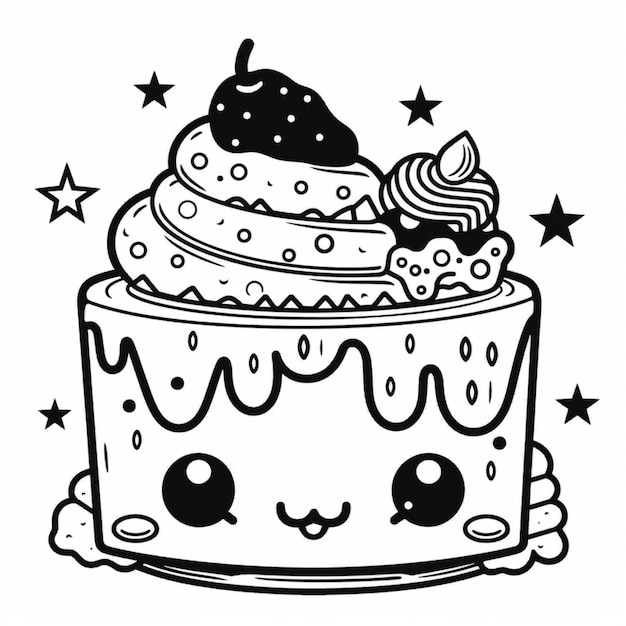 A black and white drawing of a cake with a face generative ai