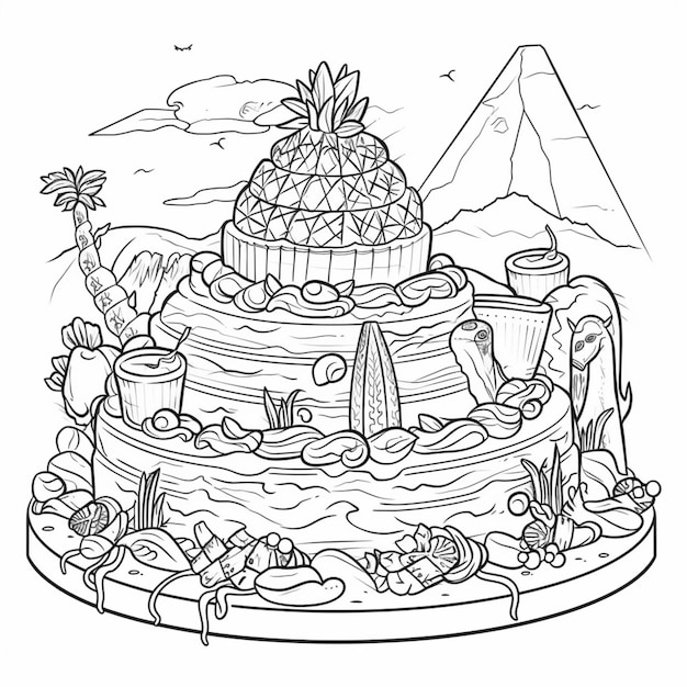 A black and white drawing of a cake with a pineapple on top generative ai