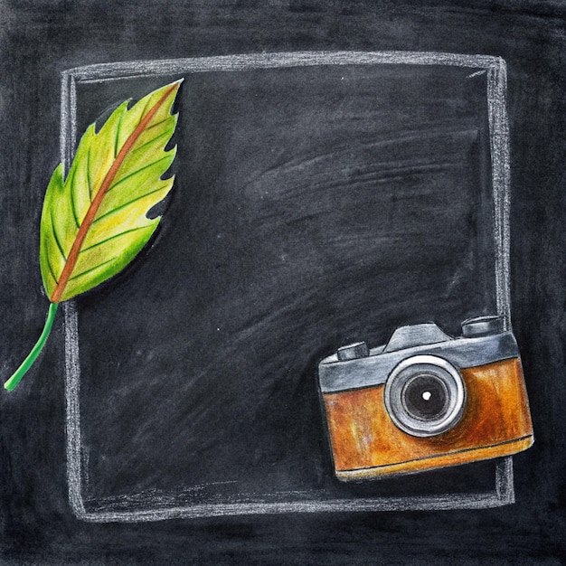 Photo a black and white drawing of a camera and a leaf