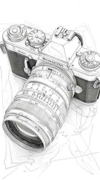 Photo a black and white drawing of a camera with a ruler on it