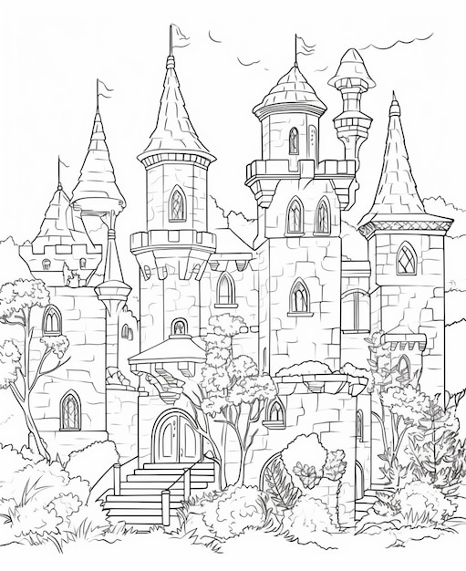 A black and white drawing of a castle with a small castle in the background.