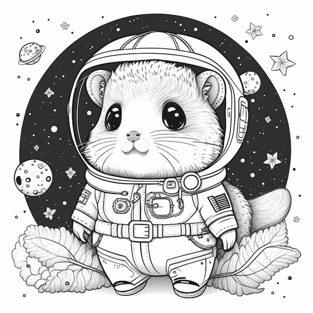 A black and white drawing of a cat in an astronaut suit generative ai