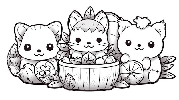 A black and white drawing of a cat and a basket of fruit Generative AI Art