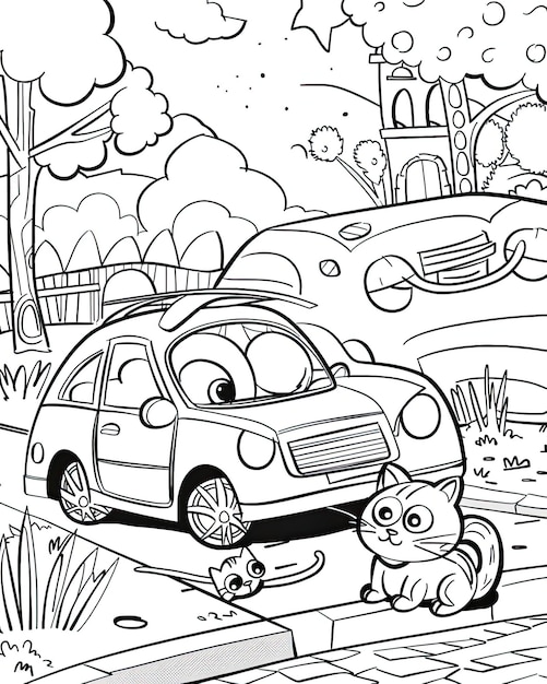 a black and white drawing of a cat and a car with the word cat on it