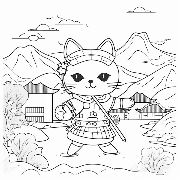 A black and white drawing of a cat in a dress with a sword generative ai