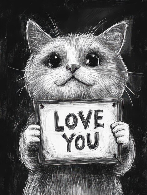 Photo a black and white drawing of a cat holding a sign that says love you you you