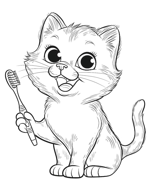 A black and white drawing of a cat holding a toothbrush Coloring page for kids