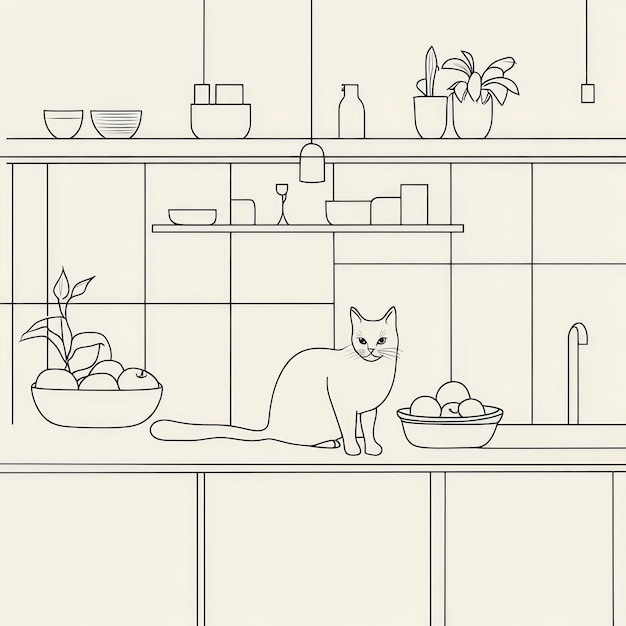 a black and white drawing of a cat in a kitchen