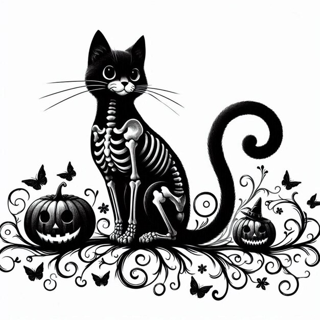 Photo a black and white drawing of a cat and pumpkin