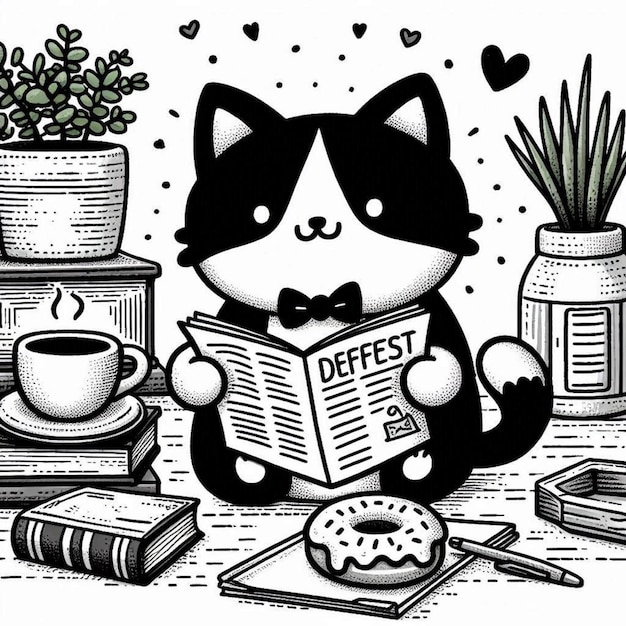 Photo a black and white drawing of a cat reading football