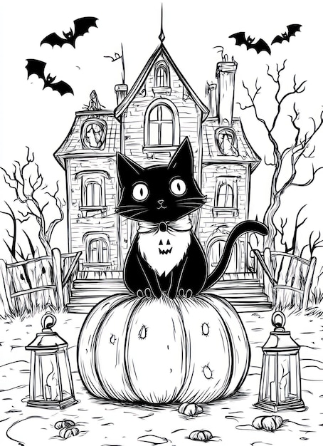 Photo a black and white drawing of a cat sitting on a pumpkin