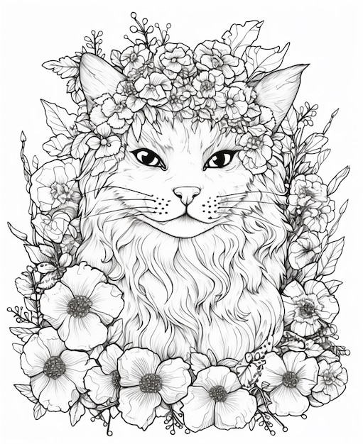 A black and white drawing of a cat wearing a wreath of flowers.