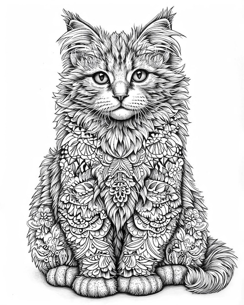 A black and white drawing of a cat with a floral pattern on its chest Coloring page for kids