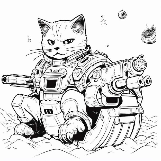 a black and white drawing of a cat with a gun generative ai