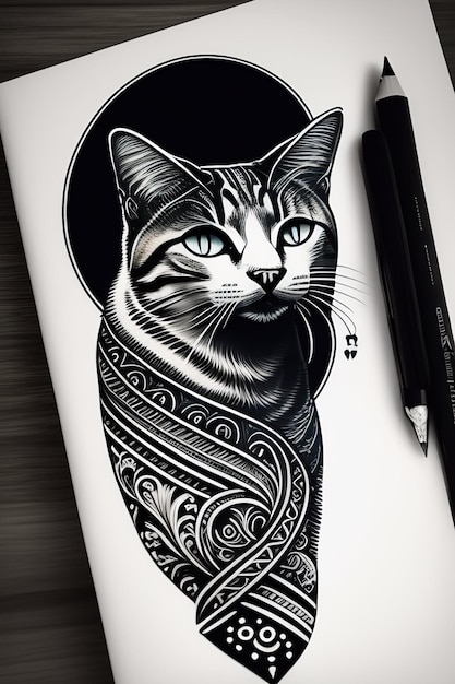 A black and white drawing of a cat with the number 12 on it.