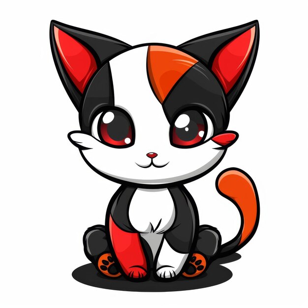 Photo a black and white drawing of a cat with a red and white face