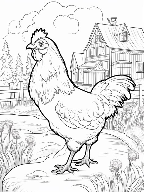 a black and white drawing of a chicken standing on a rock generative ai