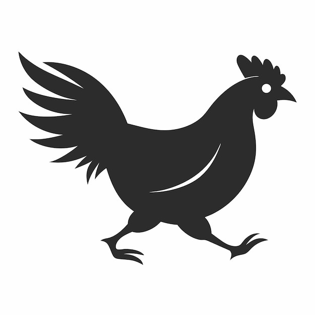 a black and white drawing of a chicken with a black tail