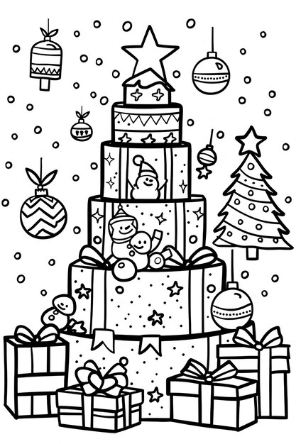 Photo a black and white drawing of a christmas cake with a christmas tree and a snowflake on it