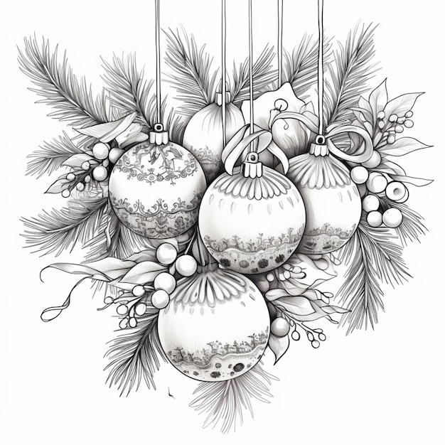 a black and white drawing of christmas ornaments hanging from a tree generative ai