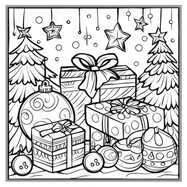 Photo a black and white drawing of a christmas tree with a gift box in the middle