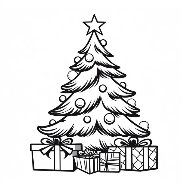 a black and white drawing of a christmas tree with presents generative ai