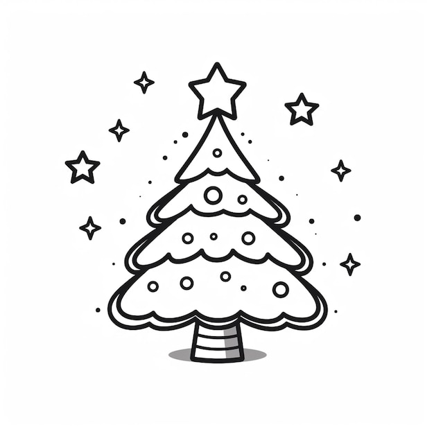 a black and white drawing of a christmas tree with stars generative ai