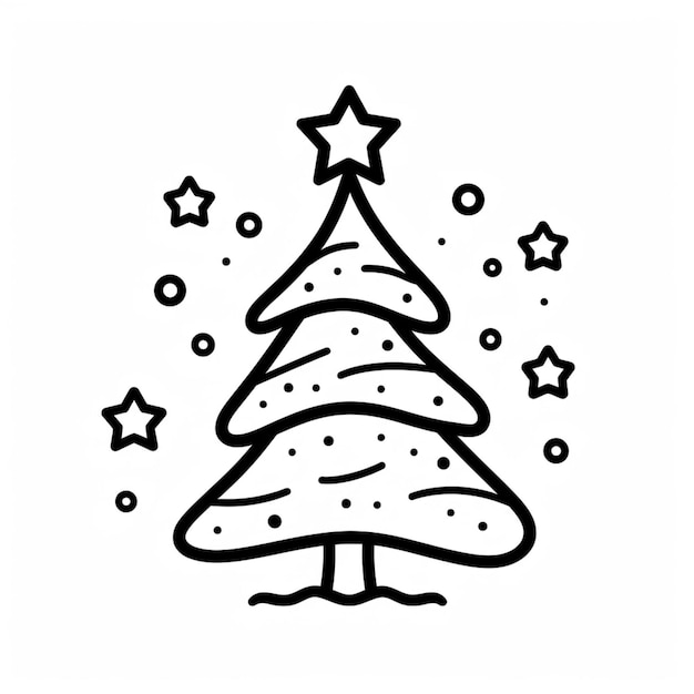 a black and white drawing of a christmas tree with stars generative ai