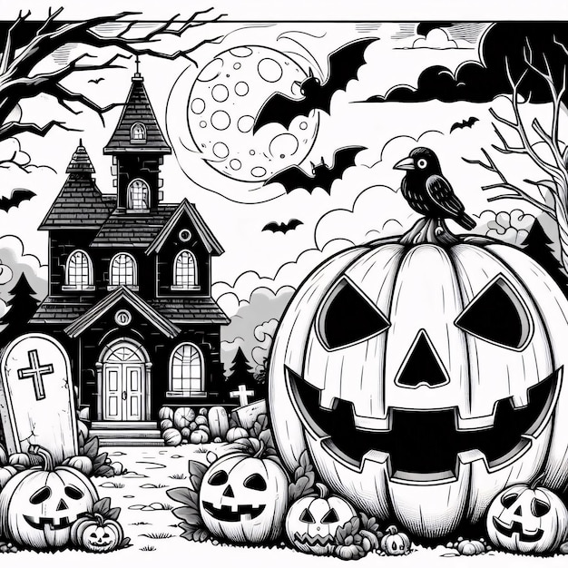 Photo a black and white drawing of a church with a pumpkin on it