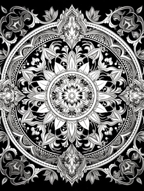 a black and white drawing of a circular floral design generative ai