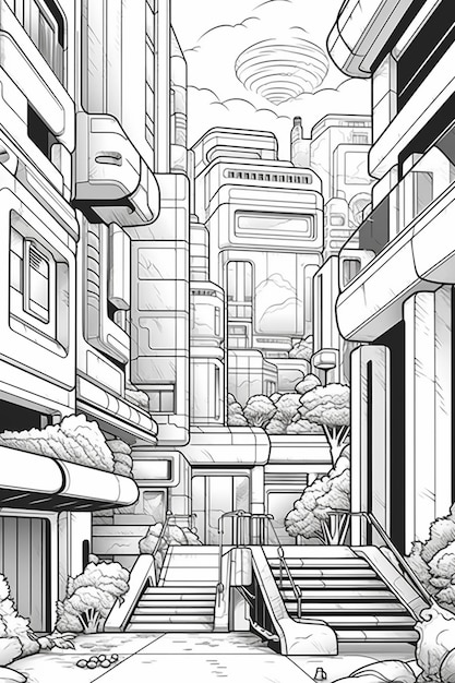 a black and white drawing of a city street with stairs generative ai