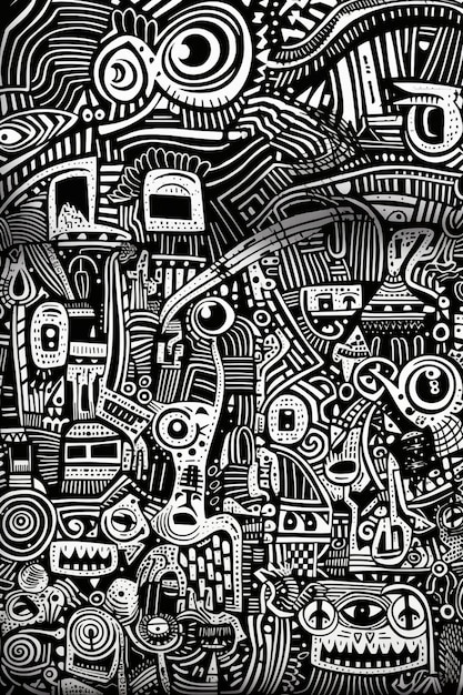 a black and white drawing of a city with lots of different things generative ai