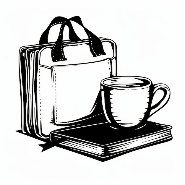 Photo a black and white drawing of a coffee cup and a book