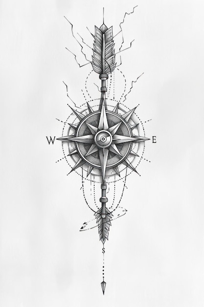 Photo black and white drawing of a compass