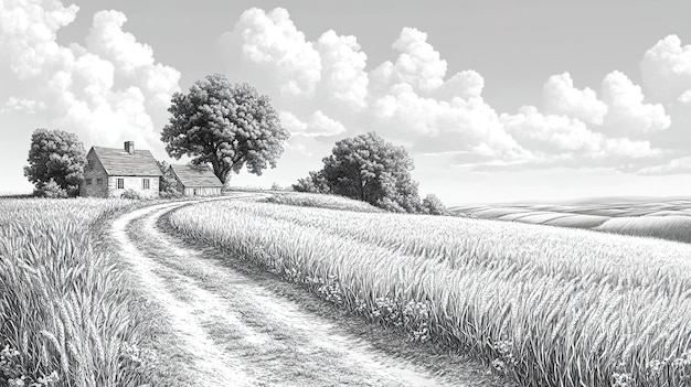 Black and white drawing of the countryside with a farmhouse in the background