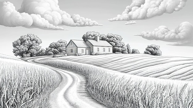 Black and white drawing of the countryside with a farmhouse in the background