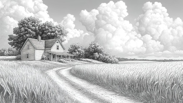 Black and white drawing of the countryside with a farmhouse in the background