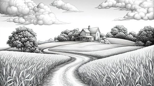 Black and white drawing of the countryside with a farmhouse in the background