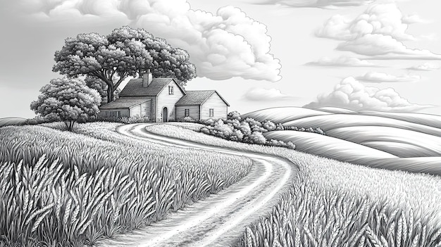 Black and white drawing of the countryside with a farmhouse in the background