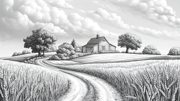 Black and white drawing of the countryside with a farmhouse in the background