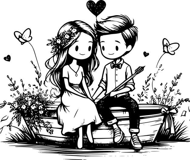 Photo a black and white drawing of a couple on a boat with butterflies and flowers