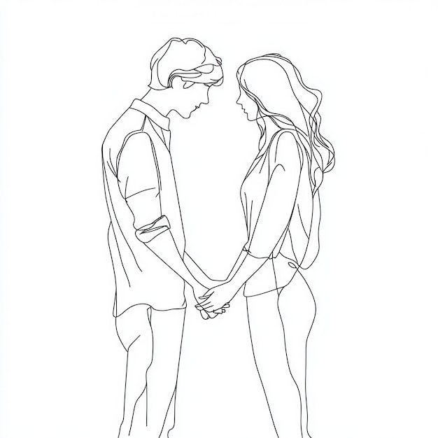 a black and white drawing of a couple holding hands