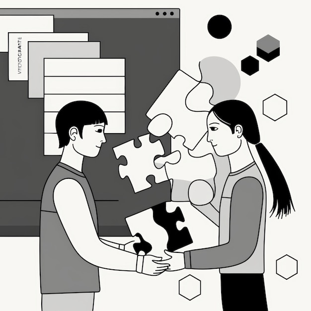 Photo a black and white drawing of a couple holding puzzle pieces