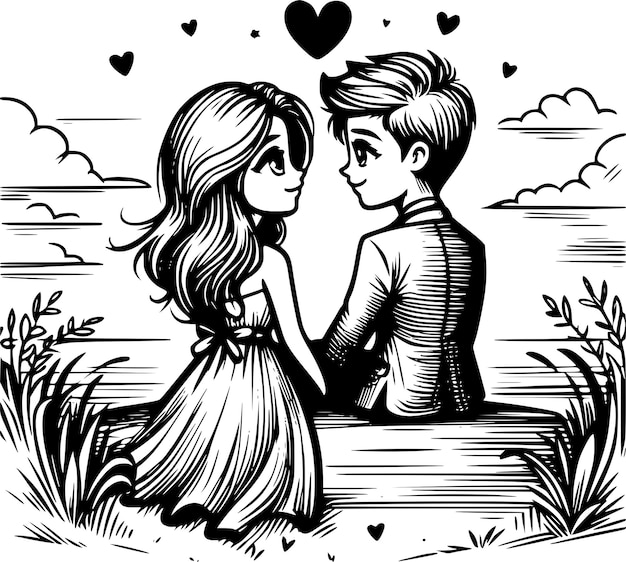 a black and white drawing of a couple in love