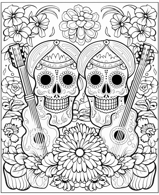 a black and white drawing of a couple playing guitar and a skull with flowers and a guitar