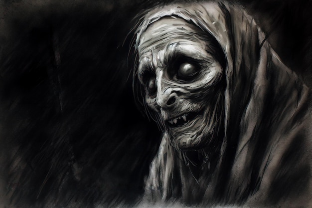 Black and white drawing of creepy looking person with hood on Generative AI