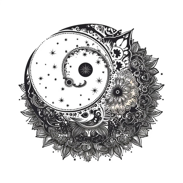 Photo a black and white drawing of a crescent with a flower border generative ai