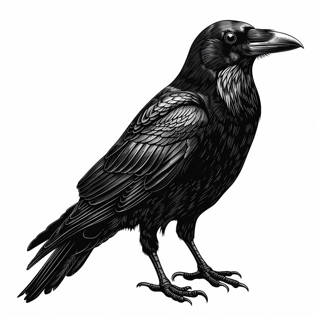 Photo a black and white drawing of a crow with a black beak and a white background