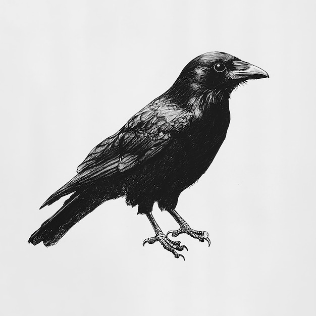 Photo a black and white drawing of a crow with a black beak