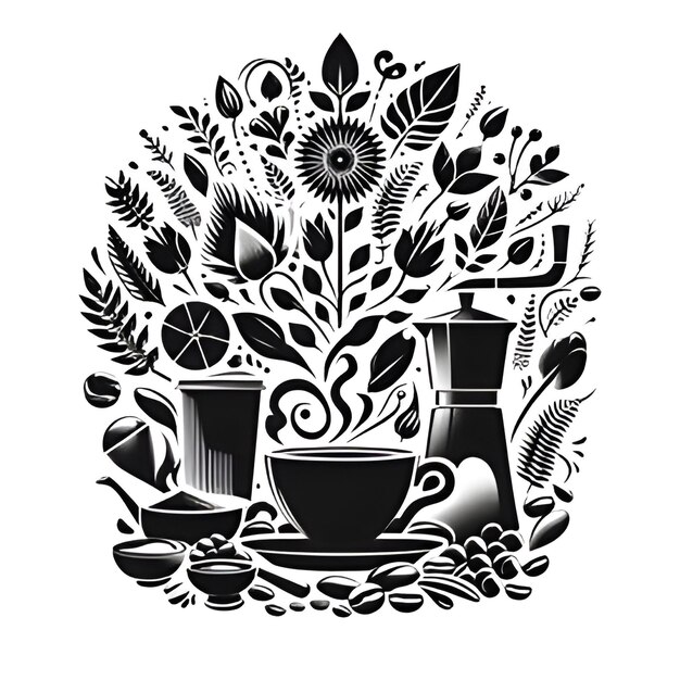 Photo a black and white drawing of a cup and a cup with flowers and a picture of a flower